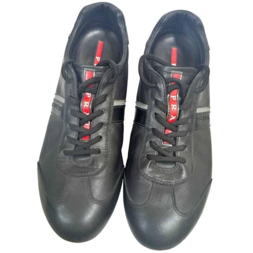 PRADA Monte Carlo Leather Sneaker Logo Red Stripe Shoes Unisex Low Top Black 6 8